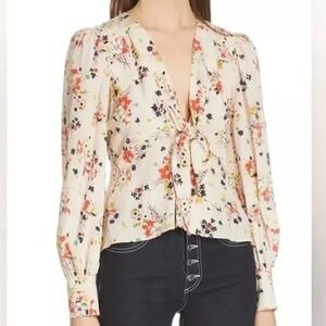 Veronica Beard Silk Blend Floral Twist Front V-Neck Blouse Cream Multi Size 8